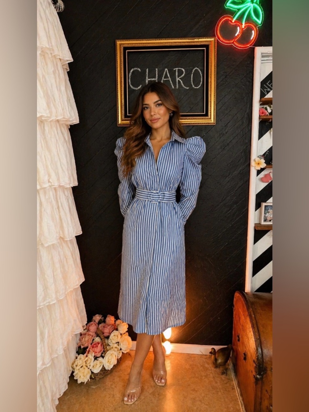 Fashion Nova Blue & White Striped Puff-Sleeve Belted Midi Dress